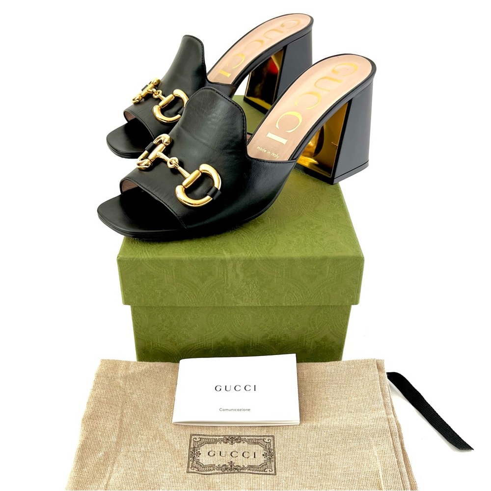 GUCCI Baby Horsebit Black Slide Sandal Chunky Heel Mule Size US 9.5 EU 39.5